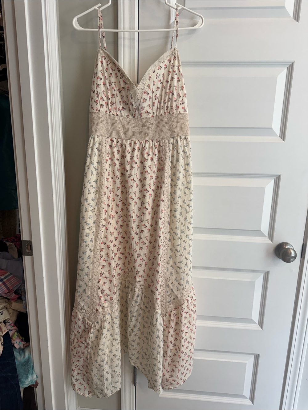 American Eagle Outfitters Cream Floral Maxi Dress with Red & Blue Accents